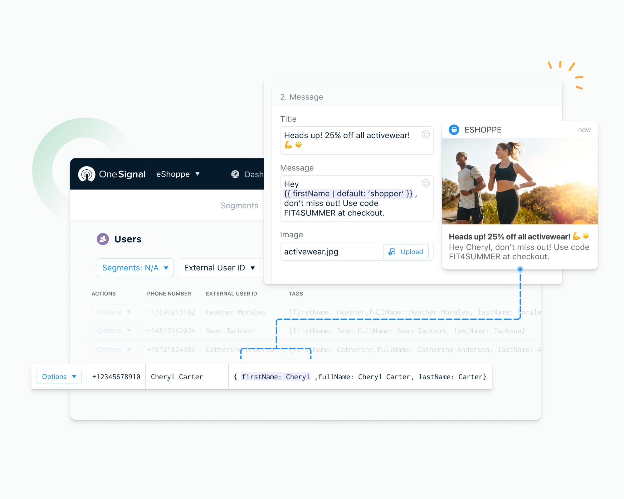 Screenshot of the OneSignal dashboard showing a notification for an "eShoppe" campaign.